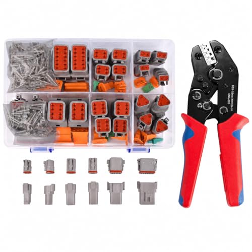 174Pcs 12 Kits DT Connector Kit With Ratcheting Wire Crimper for Deutsch Connector, 2 3 4 6 8 12 Pin Connectors Automotive Electrical Connectors With Size 16 Stamped Contacts IP68 Waterproof