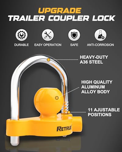 RETRUE Universal Coupler Lock Trailer Locks Ball Hitch Trailer Hitch Lock Adjustable Security Heavy-Duty Steel Fits 1-7/8 Inch, 2 Inch, 2-5/16 Inch Couplers, Yellow (Pack of 20) - color: Yellow, size: 20 Pack