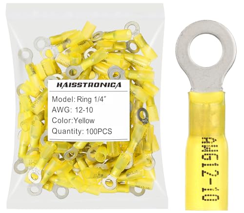 haisstronica 100PCS Heat Shrink Ring Terminals, 12-10 AWG, 1/4 in, Yellow - color: Yellow, size: Ring 1/4"