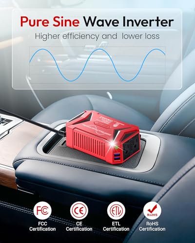 BESTEK Pure Sine Wave Power Inverter - 300W Car Plug in Charger Outlet DC 12V to 110V AC - Cigarette Lighter Adapter 4.8A Dual USB Fast Charging Ports for Laptop - Aluminum Housing - Red - color: Red