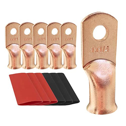10pcs 1 AWG-1/4 Ring Battery Lugs, Copper Lugs, Battery Cable Ends, Tubular Ring Terminals, Crimp Wire Ring Lugs, Battery Terminal Connectors with Heat Shrink Tubing (10, 1 Awg - 1/4" (M6) Ring) - size: 1 Awg - 1/4" (M6) Ring