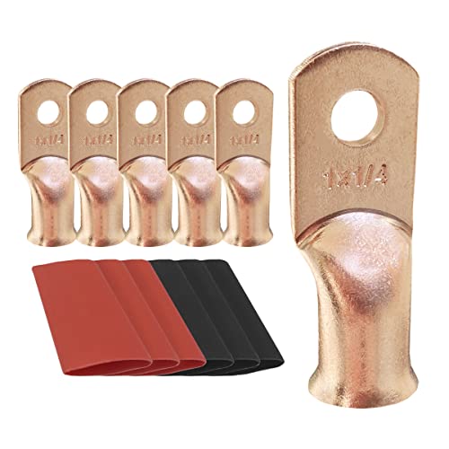 10pcs 1 AWG-1/4 Ring Battery Lugs, Copper Lugs, Battery Cable Ends, Tubular Ring Terminals, Crimp Wire Ring Lugs, Battery Terminal Connectors with Heat Shrink Tubing (10, 1 Awg - 1/4" (M6) Ring) - size: 1 Awg - 1/4" (M6) Ring
