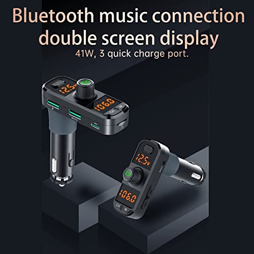 Bluetooth 5.0 Car Change Radio Receiver with 2 Stronger Microphones, 41W PD QC 3.0 USB Car Charger, Aux in/Out Wireless Audio Music Adapter, with Hands Free Calls and Voice Assistant