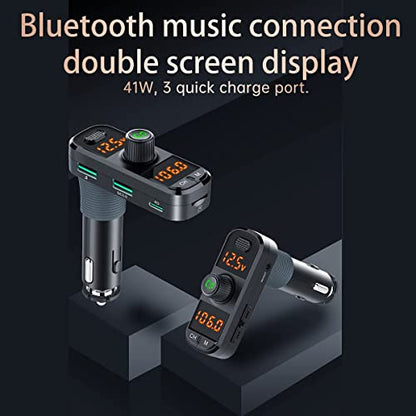 Bluetooth 5.0 Car Change Radio Receiver with 2 Stronger Microphones, 41W PD QC 3.0 USB Car Charger, Aux in/Out Wireless Audio Music Adapter, with Hands Free Calls and Voice Assistant