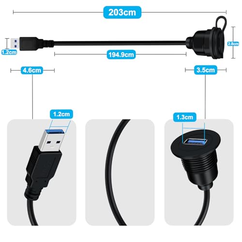 USB Panel Mount Cable 5Gbps USB 3.0 Male to Female Extension 5V 3A USB A Mount Car Mount Extension Cable Support Fast Charging for Car, Boat, Motorcycle, Truck, Etc (2 m/6.5 ft) - size: 2 m/6.5 ft