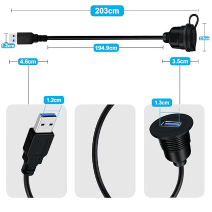 USB Panel Mount Cable 5Gbps USB 3.0 Male to Female Extension 5V 3A USB A Mount Car Mount Extension Cable Support Fast Charging for Car, Boat, Motorcycle, Truck, Etc (2 m/6.5 ft) - size: 2 m/6.5 ft