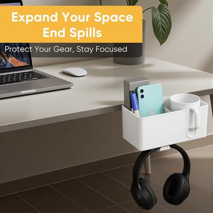 4-in-1 Clip On Desk Cup Holder, Fits up to 40oz cups - Mountable Holder with Adjustable Divider & 360° Rotating Hook - No Spill Clamp On Drink Holder Attachment - for Desk Chair Table Bed Tray - White - color: White - 4" W Dual Cup