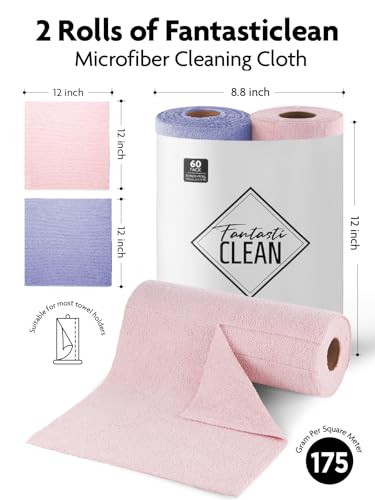 Fantasticlean Microfiber Cleaning Cloth Roll- 60 Sheets,12" (Pink,Lavender) - color: Lavender and Pink, size: 60 pack