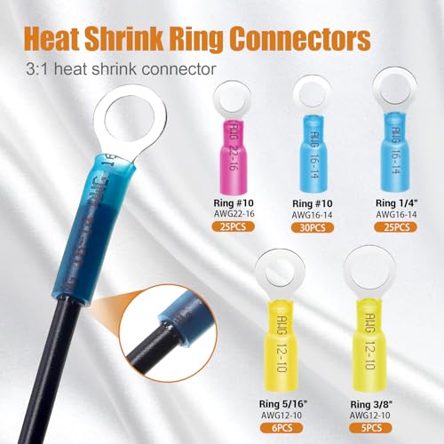 mankk 180PCS Copper Wire Lugs AWG 2 4 6 8 10 12 14 16 Gauge Battery Terminal Connectors Battery Cable Ends Connectors Copper Ring Terminal Kit with Heat Shrink - color: 180PCS