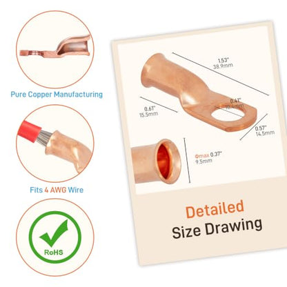 Sanuke 6pcs 4 Gauge 3/8" Wire Connectors, Battery Copper Lugs Terminals - color: Bare Copper, size: 4 Awg - 3/8" (M10)