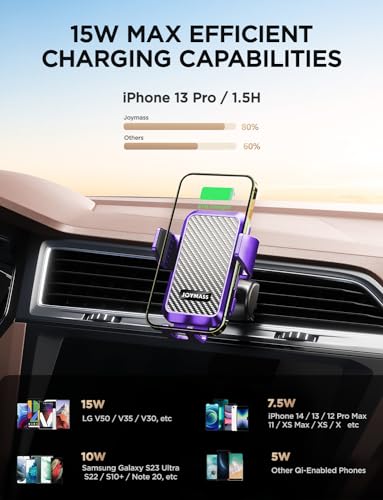 Wireless Car Charger, 15W Fast Charging Auto Clamping Car Charger Cell Phone Holder Mount Vent for iPhone 15 14 13 12 Mini Pro Max, Samsung Galaxy S24 Ultra S23 S22 S21+ Note 20, etc - Purple - color: PURPLE