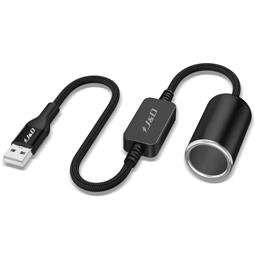 J&D USB A Male to 12V Car Cigarette Lighter Socket Female Converter Cable, 1 ft, 12V 18W Power Adapter, Compatible with Dash Cam, GPS, Car LED Light Strips, Black - color: Black, size: 1 Feet/ 30 CM