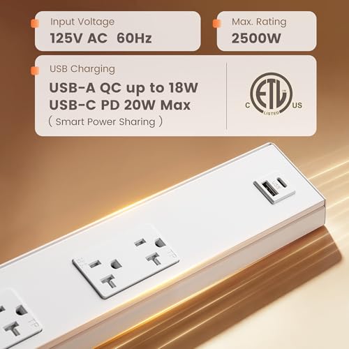 SURAIELEC 16 in Under Cabinet Power Strip Hardwired, Aluminum Housing - color: White, size: 1 Pack