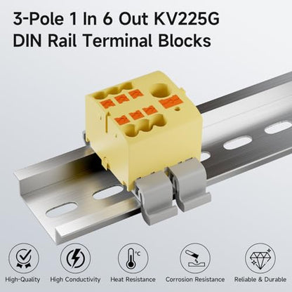 4Pcs KV225G DIN Rail Terminal Blocks, 3-Pole 1 in 6 Out Push-in - color: Red&Yellow&Blue&Grey-3P, size: 4 Pcs
