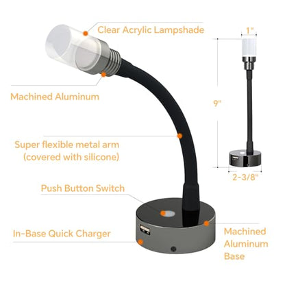 RV Reading Lights Interior, 12V Dimmable LED Reading Light with with 18W USB Charger & Flexible gooseneck, for Camper Travel Trailer Motorhome, 12-24V DC Hard-Wired, 2 Pack (Glossy Black) - color: Glossy Black