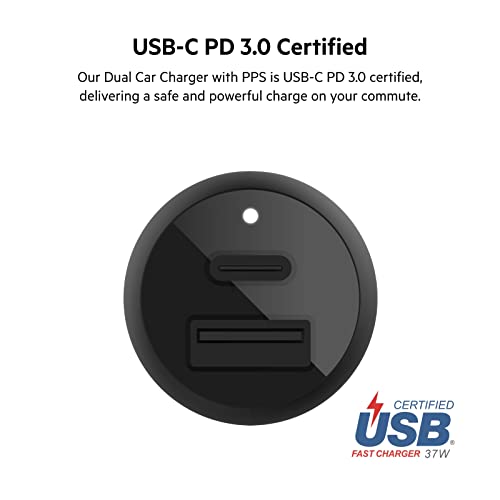 Belkin 37W Dual Port Fast Car Charger with 3.3ft USB-C Cable Included, USB-C 25W PPS Port and USB-A 12W Port for Galaxy S23, S23+, Ultra, Note20, iPhone 14, 13, 12, 11, Pro, Max, Mini and More - size: Pack of 1, style: Dual USB-A & C 37W + USB-C Cable
