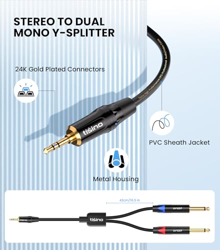 Tisino 1/8" to 1/4" Stereo Cable, Dual 1/4" to 3.5mm Audio Cable, 6.6FT/2m - size: 6.6 feet