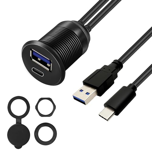 USB 3.0 & Type C 3.0 Car Flush Mount Cable, Male to Female, 5Gbps USB Dashboard Panel Mount Waterproof Extension Cord for Car Truck Boat Motorcycle 1M/3.3Ft