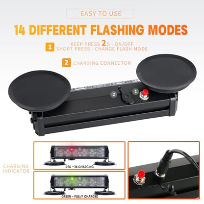 Amber Magnetic Wireless Flashing Strobe Light for Vehicles Trucks Car, Battery Operated Rechargeable LED Safety Beacon Lights, Mini Portable Emergency Warning Light Bar (2-Pcs, 2×8in) - color: 2pcs Amber/Amber