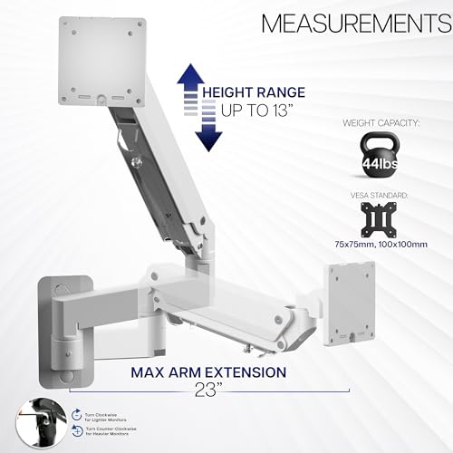 VIVO Premium Aluminum Heavy Duty Monitor Arm for Ultrawide Screens up to 49 inches and 44 lbs, Single Wall Mount, Pneumatic Height, Max VESA 100x100, White, MOUNT-V101G1W - color: White