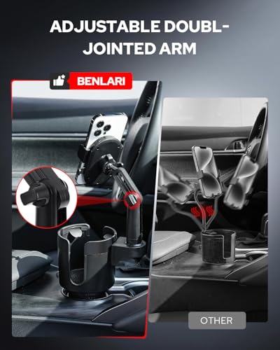 Benlari Upgraded Car Phone Holder - 2 in 1 Adjustable Cup Holder Expander Support 360° Degree Rotation - Car Cup Holder Phone Mount Compatible with All Smartphones