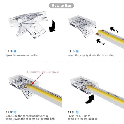 PAUTIX 8mm Connectors for 2-Pin COB LED Strip Lights,4pcs Transparent Gapless Connectors,4pcs Dual End,1pc Single to DC Female Plug 7.9in Extension Wire,2pcs L-shaped Connectors,1pc T-shaped Connector - size: 8mm Cob Connectors/Upgraded Set