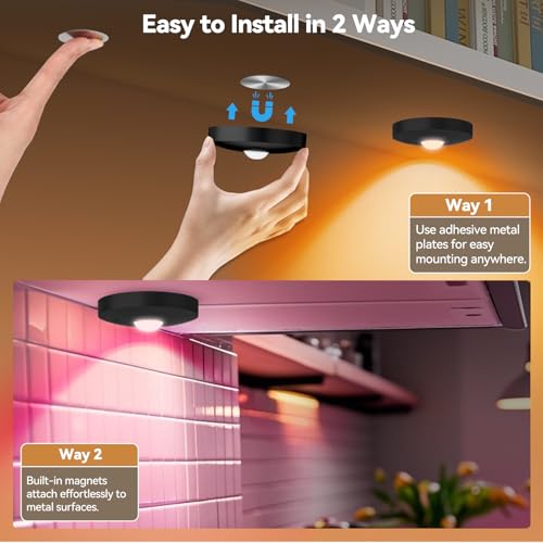 Rechargeable Puck Lights with Remote, 3 Pack Magnetic Under Cabinet Lighting, 1500mAh Battery Operated LED Tap Lights with Dimmer & Timmer for Kitchen, Closet, Shelf - 3 Color Temps & 12 RGB, Black - color: Black