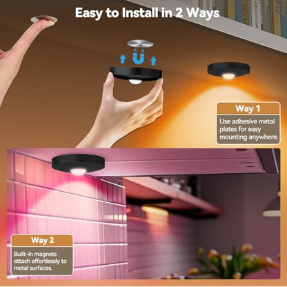 Rechargeable Puck Lights with Remote, 3 Pack Magnetic Under Cabinet Lighting, 1500mAh Battery Operated LED Tap Lights with Dimmer & Timmer for Kitchen, Closet, Shelf - 3 Color Temps & 12 RGB, Black - color: Black