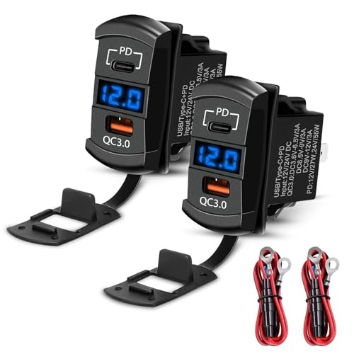 Linkstyle 2PCS Car Rocker Switch Outlet, 36W QC3.0 USB-A Port & 55W PD Port Charger Socket with LED Voltmeter for 12V/24V RV Boat Motorcycle