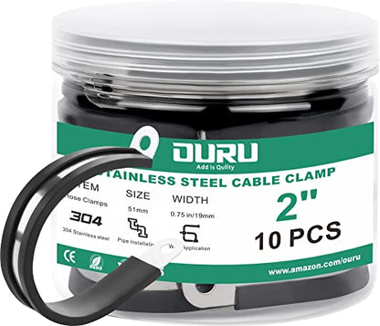 OURU 10pcs 2 Inch Stainless Steel Cable Clamps,Rubber Coated Cushioned Insulated Cable Clamp,Automotive Cable Wire Clamps,Pipe Clamps,Metal Clamp for Tube,Lines,Wire Cord Installation(Black,51mm) - size: 10pcs - 2"