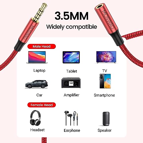 MOSWAG 16.4FT 3.5mm Male to Female Extension Cable with Microphone Stereo - color: Red, size: 16.4 ft