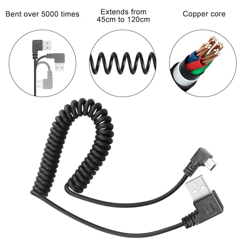 YACSEJAO Coiled Mini USB Cable 90 Degree, USB Type A to Mini B Male Data Sync & Charge Spiral Cable for Printers, Cameras, Mouse, Cell Phone (Dual Left)