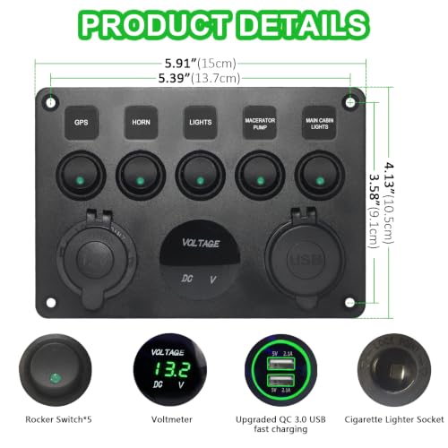 Upgraded 5 Gang Rocker Switch Panel - Dual QC 3.0 USB Charger, Digital Volmeter, 12V Outlet, Pre-Wired with Circuit Breakers for RV/Car/Boat/Truck, 2-Year Warranty (Green) - color: Green + Dual QC USB Charger