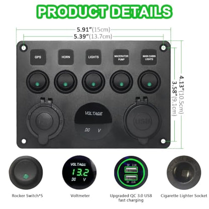 Upgraded 5 Gang Rocker Switch Panel - Dual QC 3.0 USB Charger, Digital Volmeter, 12V Outlet, Pre-Wired with Circuit Breakers for RV/Car/Boat/Truck, 2-Year Warranty (Green) - color: Green + Dual QC USB Charger