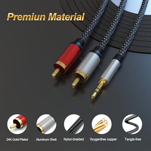 3.5mm to RCA Cable, 24K Gold-Plated RCA Male to Aux Audio Adapter 50ft/15M, Nylon Braided Audio and Video Cable Extension for Smartphones, HDTV, Tablet, Home Theater, Speaker, MP3