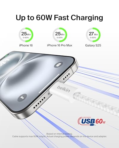 Belkin USB C to USB C 60W Braided Cable 3.3ft iPhone Charger Cord - color: White, style: 3.3 ft