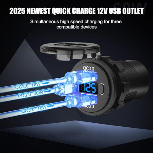 12V USB C Outlet Marine USB Charging Port for Car, Dual Quick Charge 3.0 & PD 3.0 Car Charger Socket with Button Switch and Voltmeter, Cigarette Lighter Replacement DIY Kit for 12V/24V Vehicles - color: 1 pack