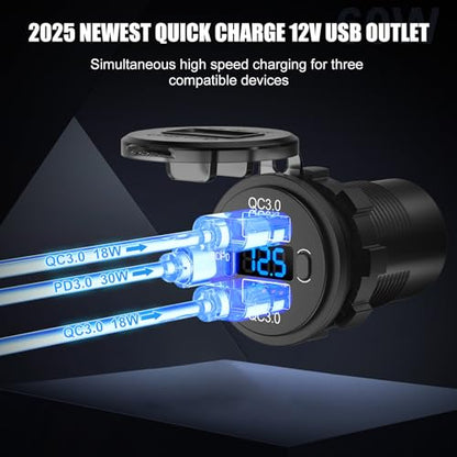 12V USB C Outlet Marine USB Charging Port for Car, Dual Quick Charge 3.0 & PD 3.0 Car Charger Socket with Button Switch and Voltmeter, Cigarette Lighter Replacement DIY Kit for 12V/24V Vehicles - color: 1 pack