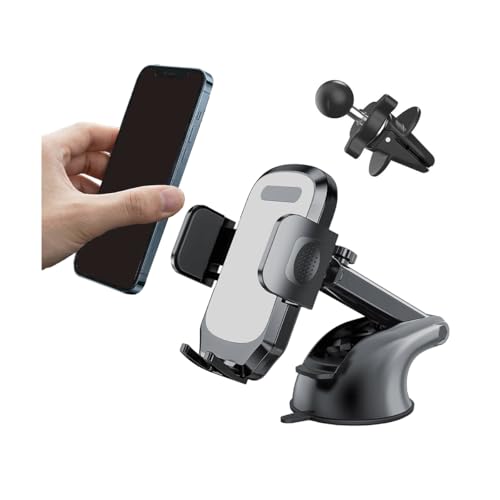 Car Phone Holder, 360° Adjustable Suction Cup Stable Vehicle Dashboard Cell Phone Mount with Air Vent Clamp, Hands Free Automotive Windshield Smartphone Holder, Universal Fit (Gray) - color: Gray
