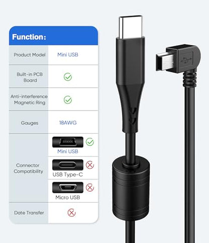 Dash Cam Charger Cable,10Ft 18AWG USB C to Mini USB for Garmin Nuvi, GPS - size: Mini USB, style: 10Ft