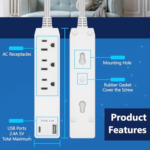 LIDER Outlet Extender with 3 Receptacles, 12W USB-A & USB-C, Flat-Face - color: White, size: 2 Pack