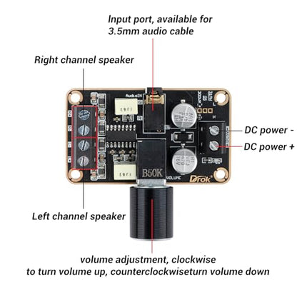 DROK 5W+5W Mini Audio Amplifier Board PAM8406 DC 5V Digital Stereo Power Amp 2.0 Dual Channel Class D Amplify Module for Speaker Sound System DIY - size: 5W+5W