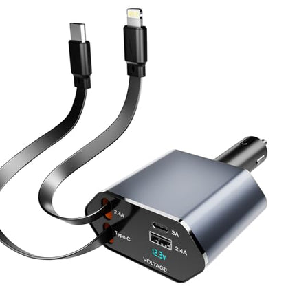 4 in 1 Retractable Car Charger, 60W Fast Charging, Voltage Display