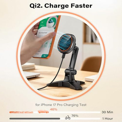 APPS2Car for MagSafe Charger Stand Qi2 15W Fast-Charging Wireless Charger Stand with Cooling Fan Adjustable Magnetic Desktop Phone Holder for Office Compatible with iPhone 12-17 Series (No Adapter) - color: Black-Wireless Charger