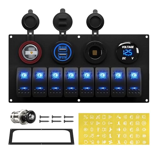 RVBOATPAT Marine Boat Switch Panel Waterproof 8 Gang 12V Rocker Switch Panel 12 Volt Toggle Switch Panel Blue LED Lighted for Automotive Car Truck - style: 8 Gang Switch Panel