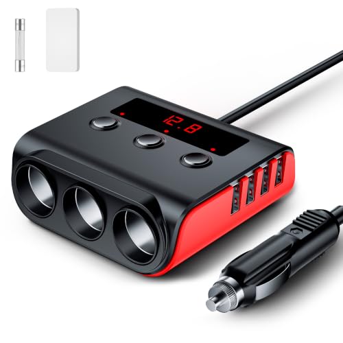 7 in 1 Cigarette Lighter Splitter, SONRU 3 Sockets Cigarette Lighter Splitter with 4 Fast Charging USB Ports, 120W 12V/24V DC Independent Power Switches & LED Voltage Display for All Car Devices - color: RDE