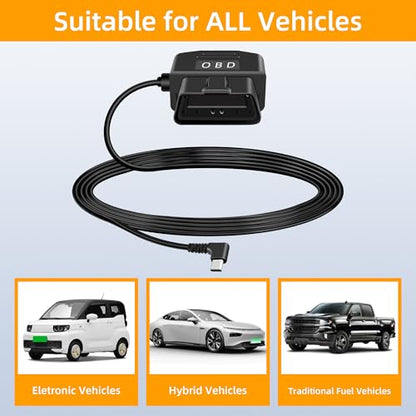 GELRHONR Right Angle OBD Power Cable for Dash Camera, USB C OBD2 Dashcam Hardwire Kit with 24 Hours Surveillance and Acc 2 Mode 11.5FT, for EV Hybrid Fuel Vehicles(Right Angle USB C Black) - color: Right Angle USB C Black