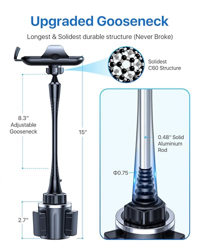 andobil Upgraded 15" Cup Holder Phone Holder, 【Solidest & Adjustable】 Military-Grade Long Gooseneck Cup Phone Holders for Your Car Truck, Car Phone Holder for iPhone 17 Pro Max 16 15 14/Samsung/Pixel - color: Gooseneck-Black