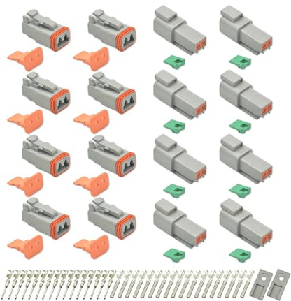 8 Sets 2 Pin DT Waterproof Connector Kit, Deutsch Automotive Electrical Butt, IP67 Waterproof Electrical Connectors Plug with 19 Pairs 16# Stamped Contacts for Car Truck Boat (2PIN-8SET) - size: 2PIN-8SET