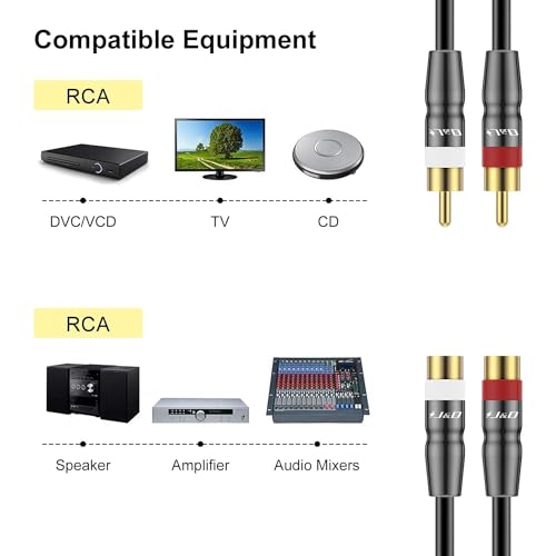 J&D 2 RCA M/F Stereo Audio Cable, 2-Pack Copper Shell Gold-Plated 2 RCA Extension Cable Male to Female Stereo Audio Extender Cord Adapter, 6 Feet - size: 6 Feet
